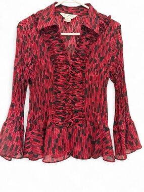 Allison Taylor Red and Black Ruffled Button-Front Blouse